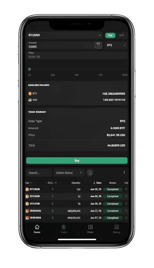 Mercury OTC mobile interface showing electronic OTC trading workflow for institutional digital asset desks