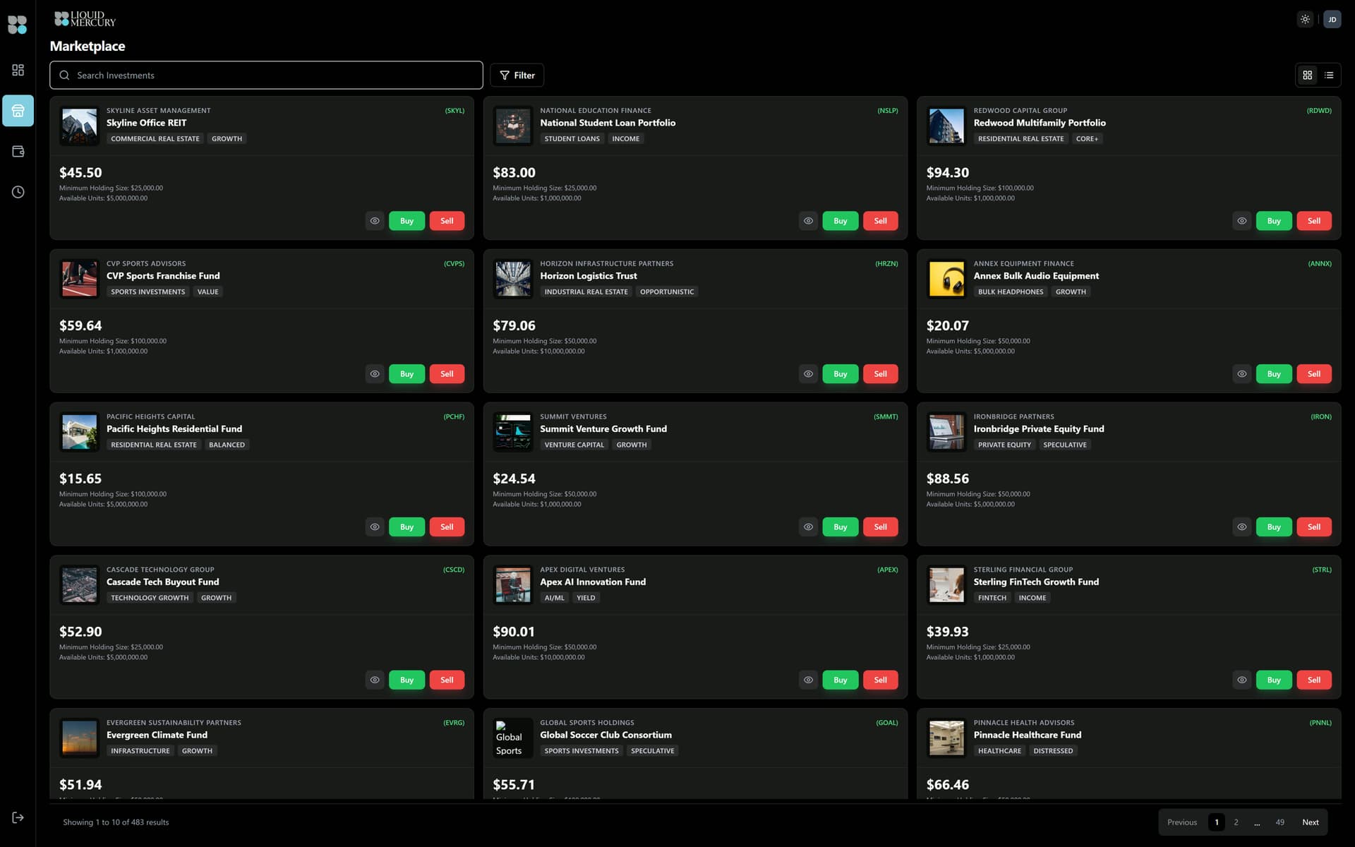 Mercury RWA tokenized marketplace dashboard showing digital asset infrastructure for institutional secondary markets